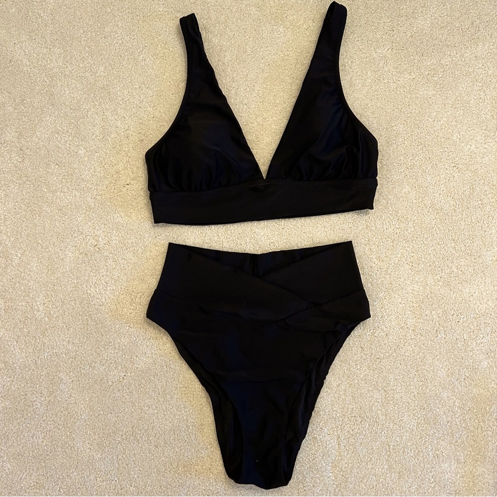 Aerie Black Bikini Set Triangle V Neck Top M+Crossover High Rise, Cut Cheeky S
